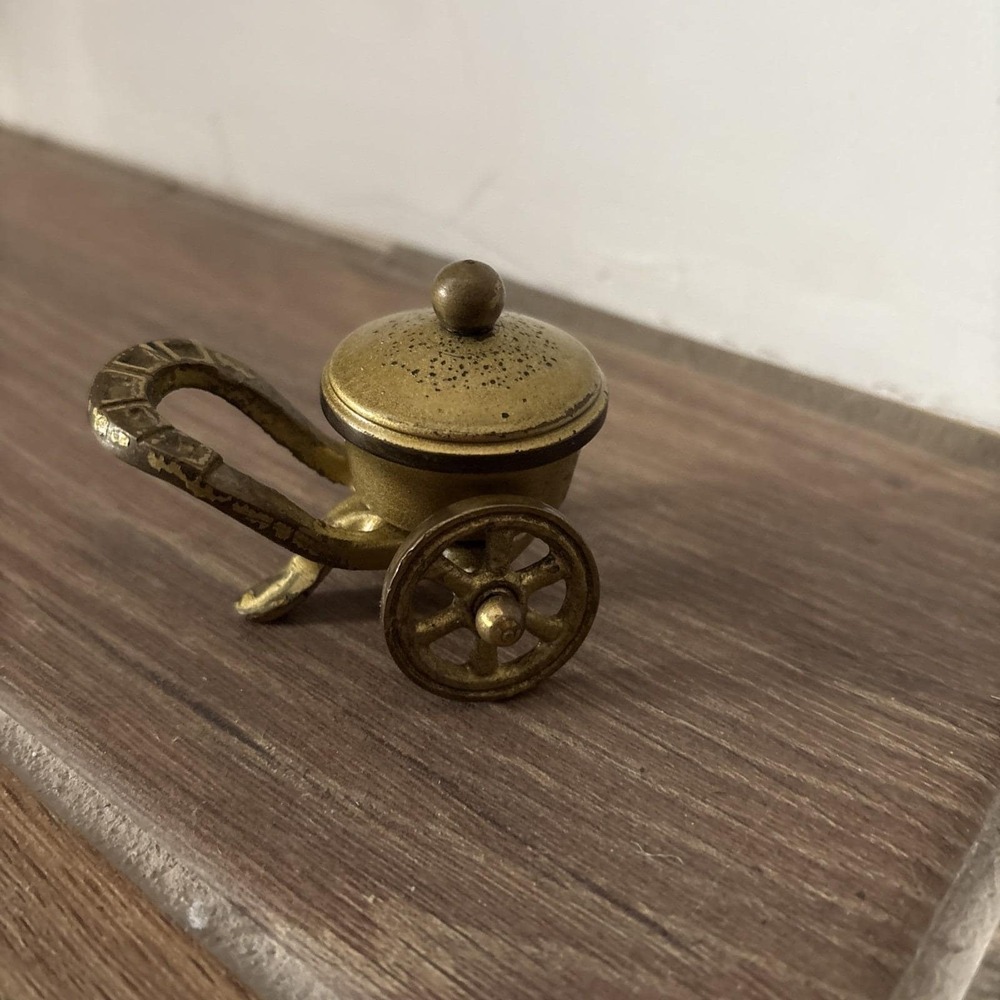 Vintage‎ Brass Mini Spice Box Cart w/ Tongs Shaped Souvenir from Israel 2.5"